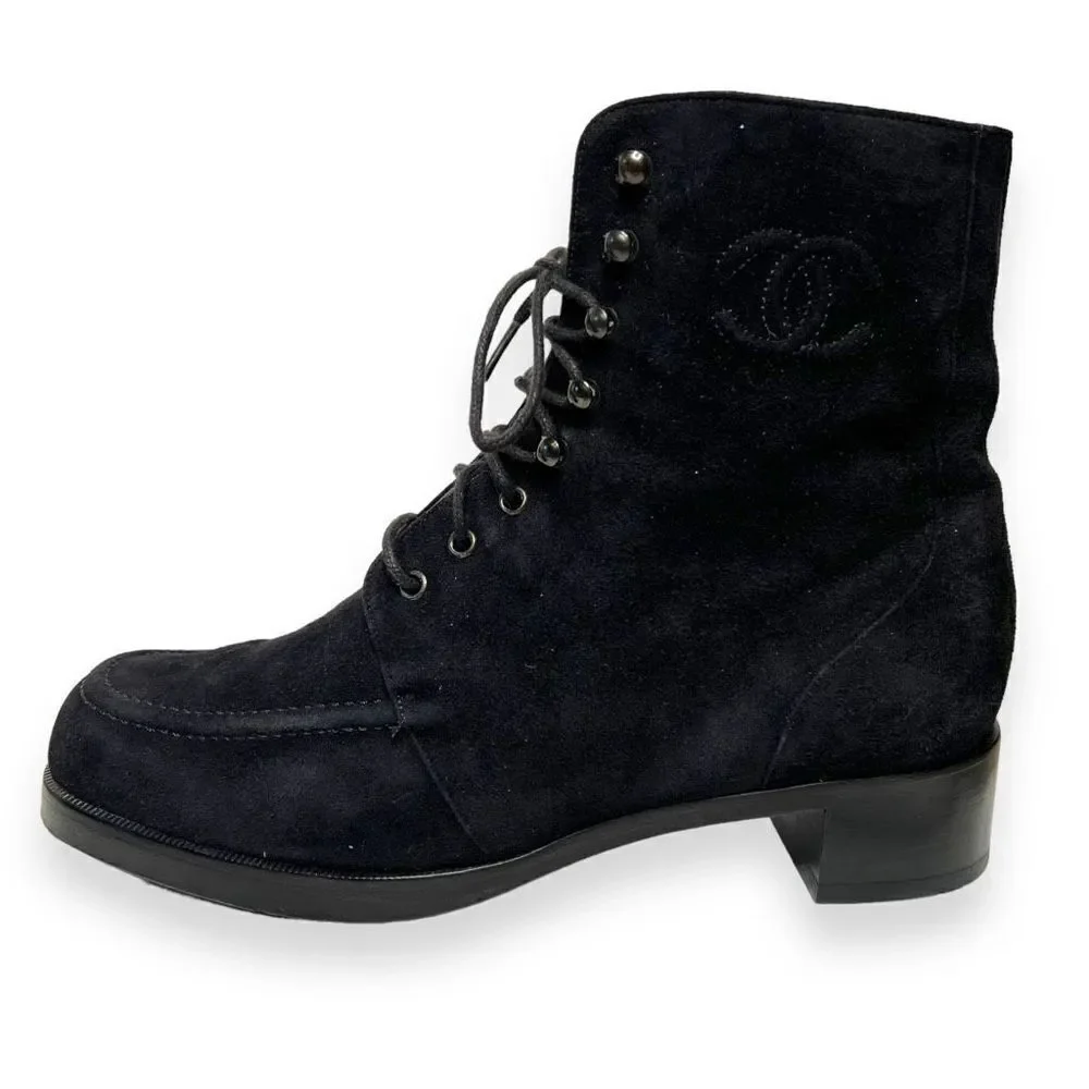 Chanel Classic CC Logo Lace Up Combat Black Suede Leather Boots Size 37